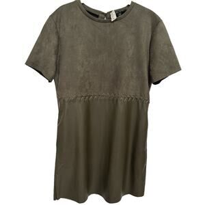 Miou Muse Olive Green Empire Waist Shift Dress Faux Suede/Leather Pockets Sz M